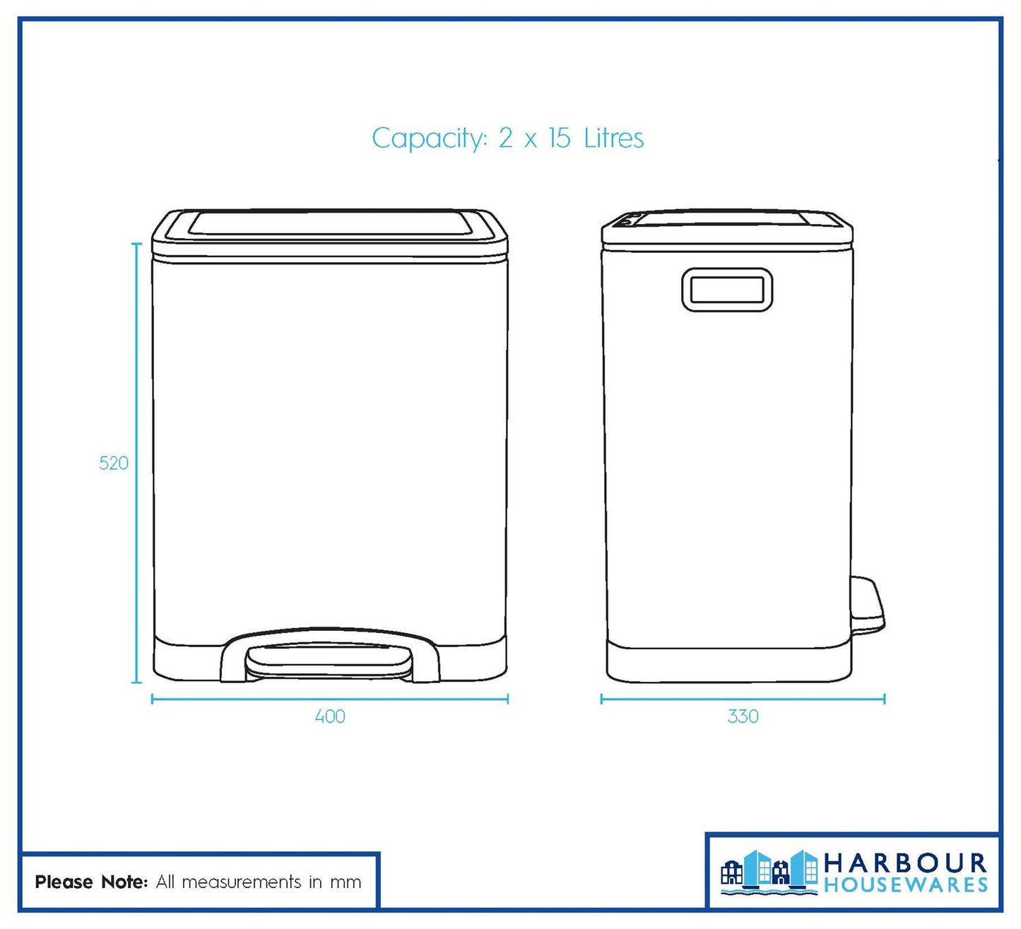 30L (2 x 15L) Stainless Steel Double Kitchen Pedal Bin