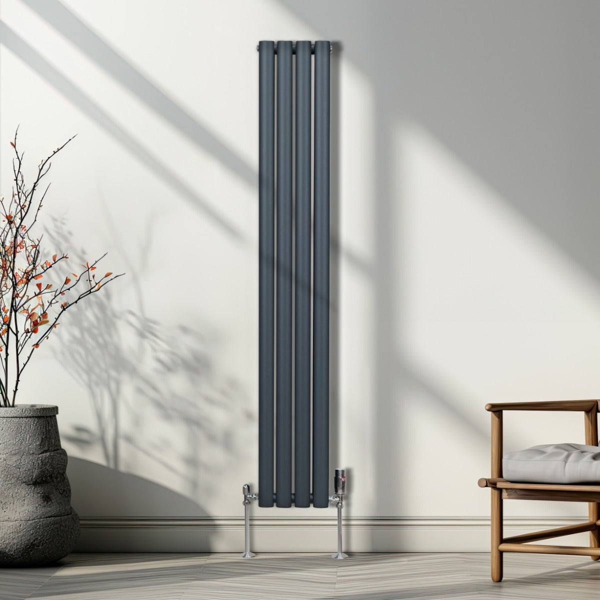 Oval Column Radiator & Valves - 1600mm x 240mm Anthracite Grey