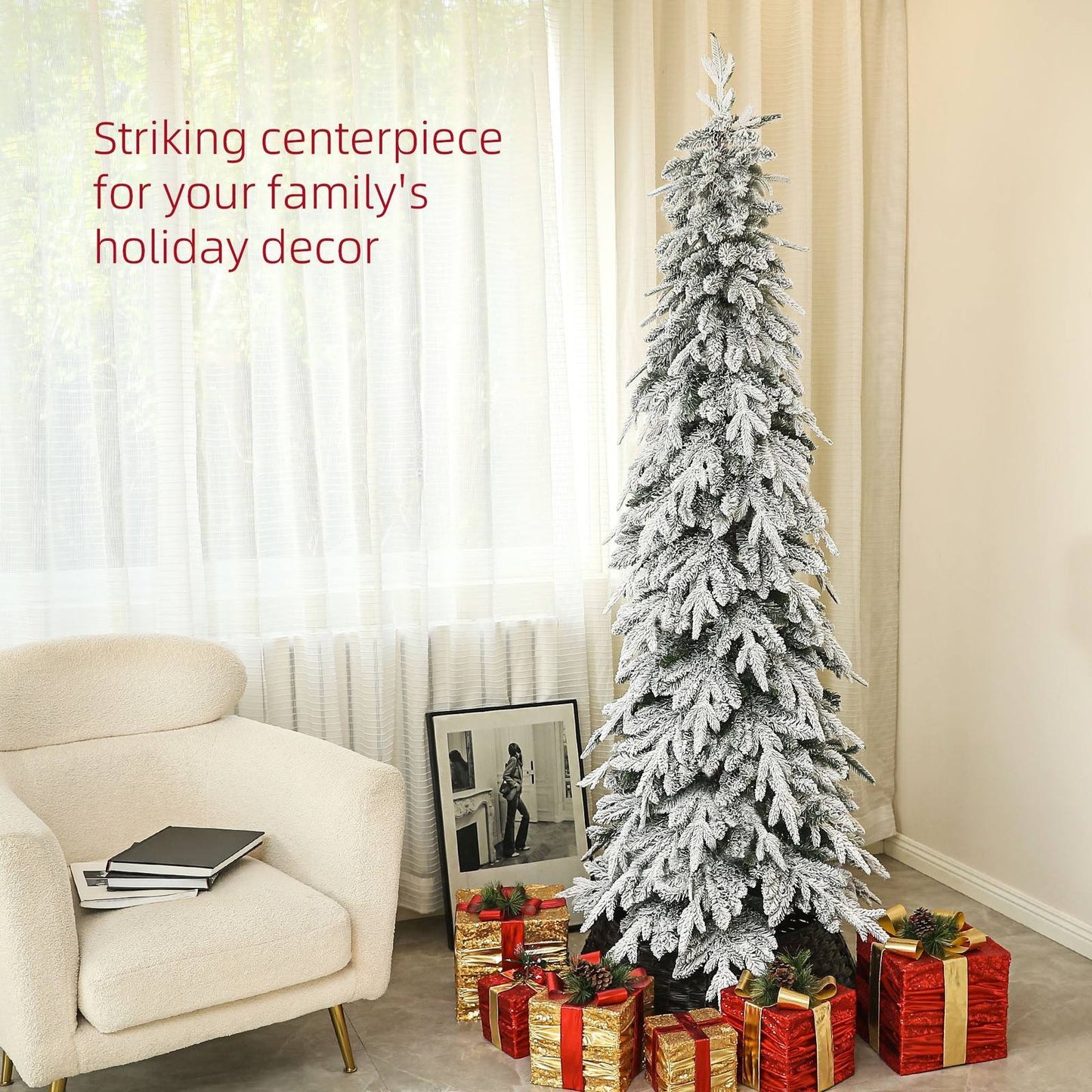 7ft Slim Christmas Tree Artificial - White Frosted Green Slim 800 Tips