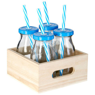 Dayla Set of 4 Milk Bottles with Blue Straws and Lids