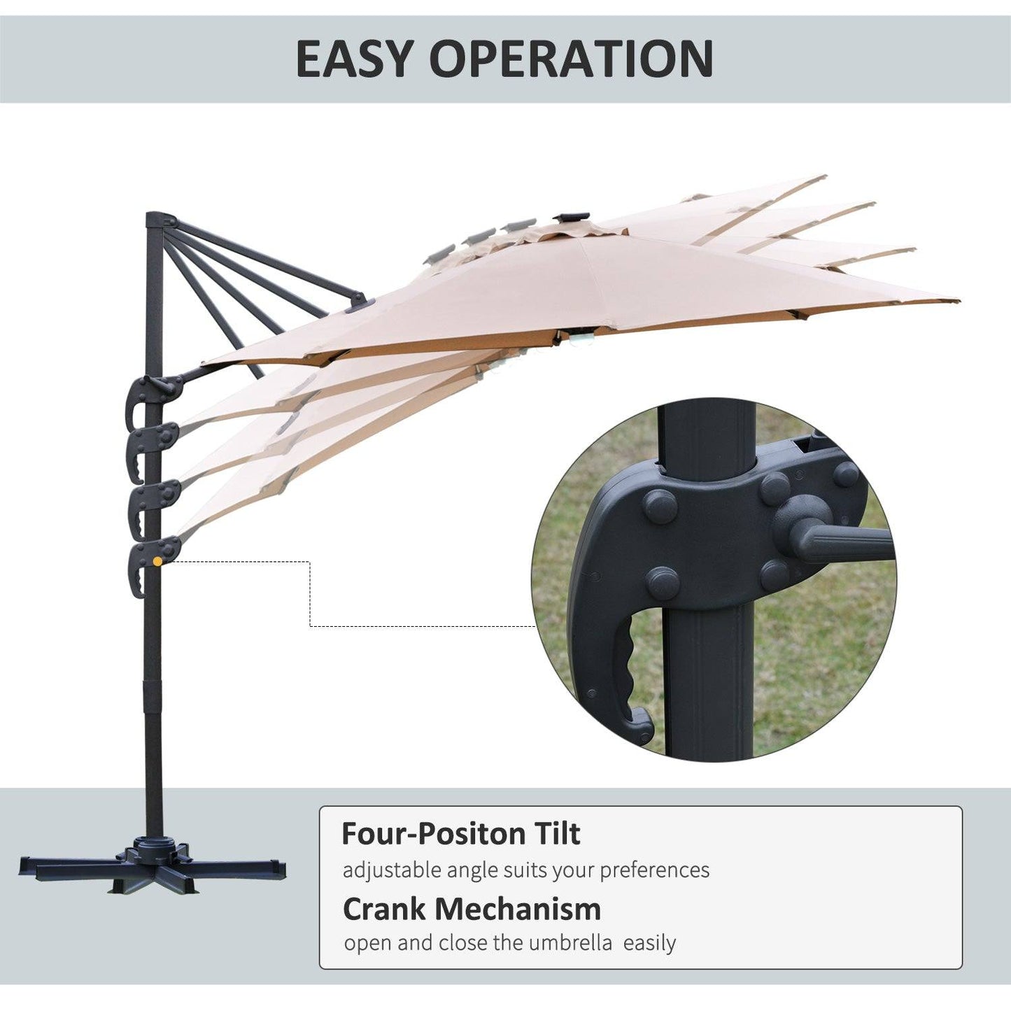 3M LED Cantilever Parasol Outdoor Sun Umbrella w/ Base Solar Lights Brown