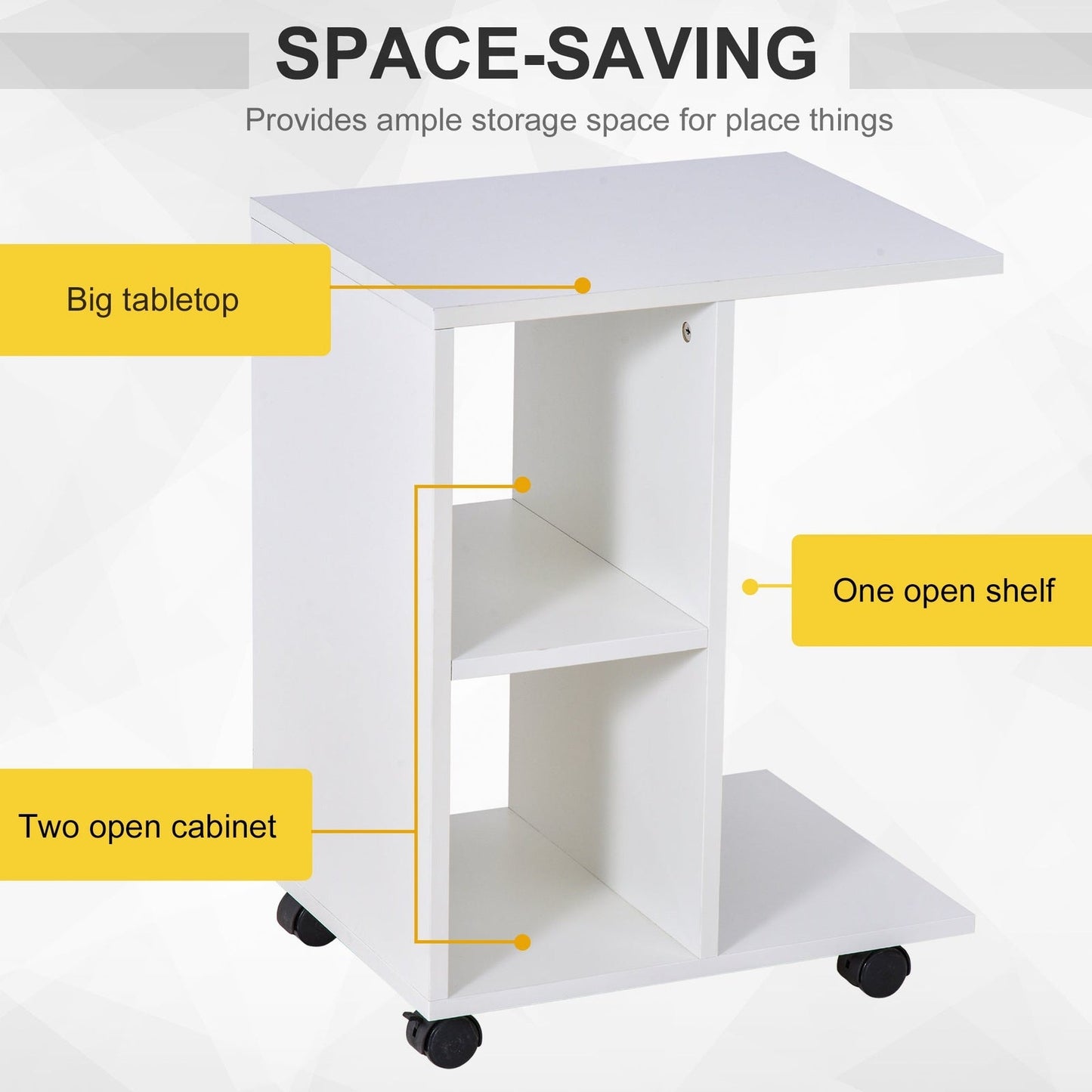 C Shape End Table Unique Storage Unit W 2 Shelves 4 Wheels Freestanding Home Office Furniture Cabinet Square Studio White