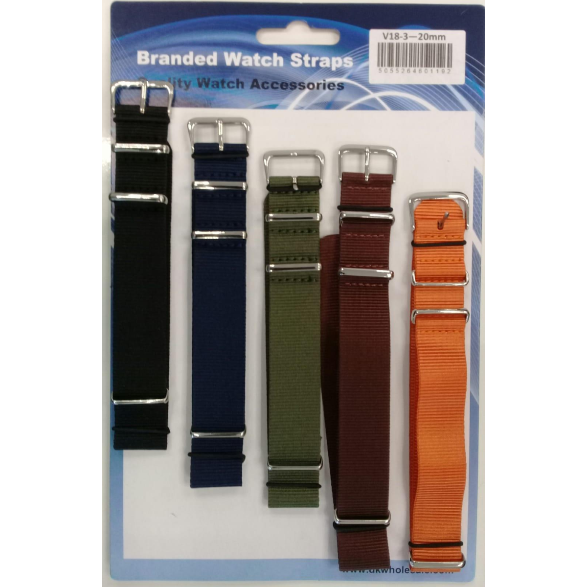 Nato style fabric watch strap 5pk assorted plain colours V18.22mm