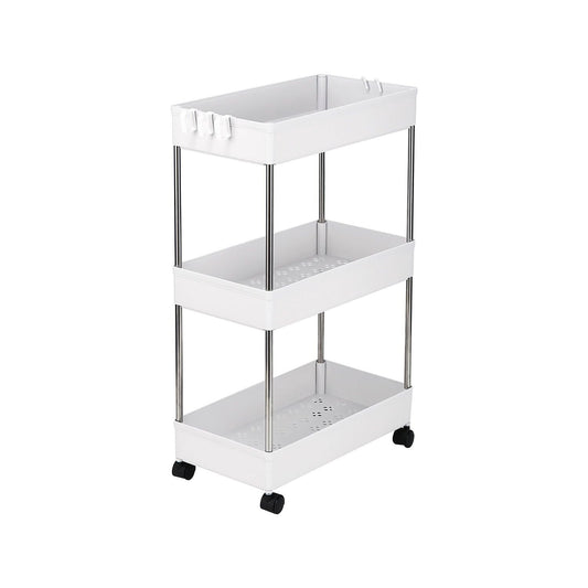 3-Layer Mobile Multi-functional Storage Cart,Suitable for Kitchen, Bathroom, Laundry Room Narrow Place, Plastic and Stainless Steel, White