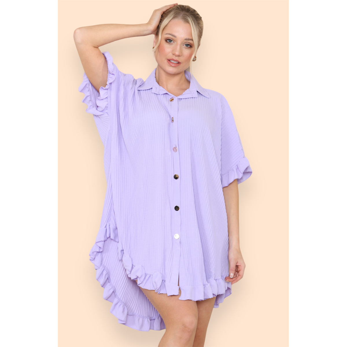 Over Sized Italian Gold Button Pleated Frill Ruffle TikTok Dress Top