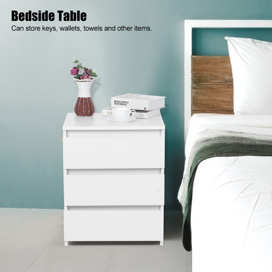 White Modern Bedside Table Cabinet Nightstand with 3 Storage Drawers Bedroom Furniture