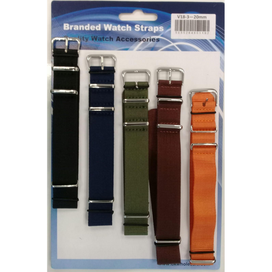 Nato style fabric watch strap 5pk assorted plain colours V18.18mm