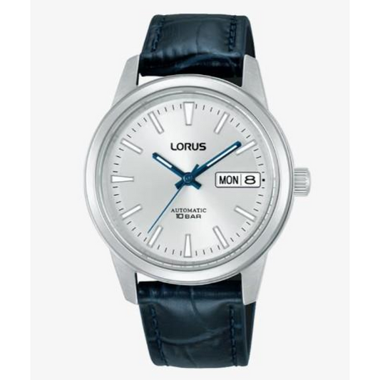 Lorus Ladies Automatic Fashion Day date Analogue Quartz Silver Sunray Dial with Blue Leather Strap Watch
