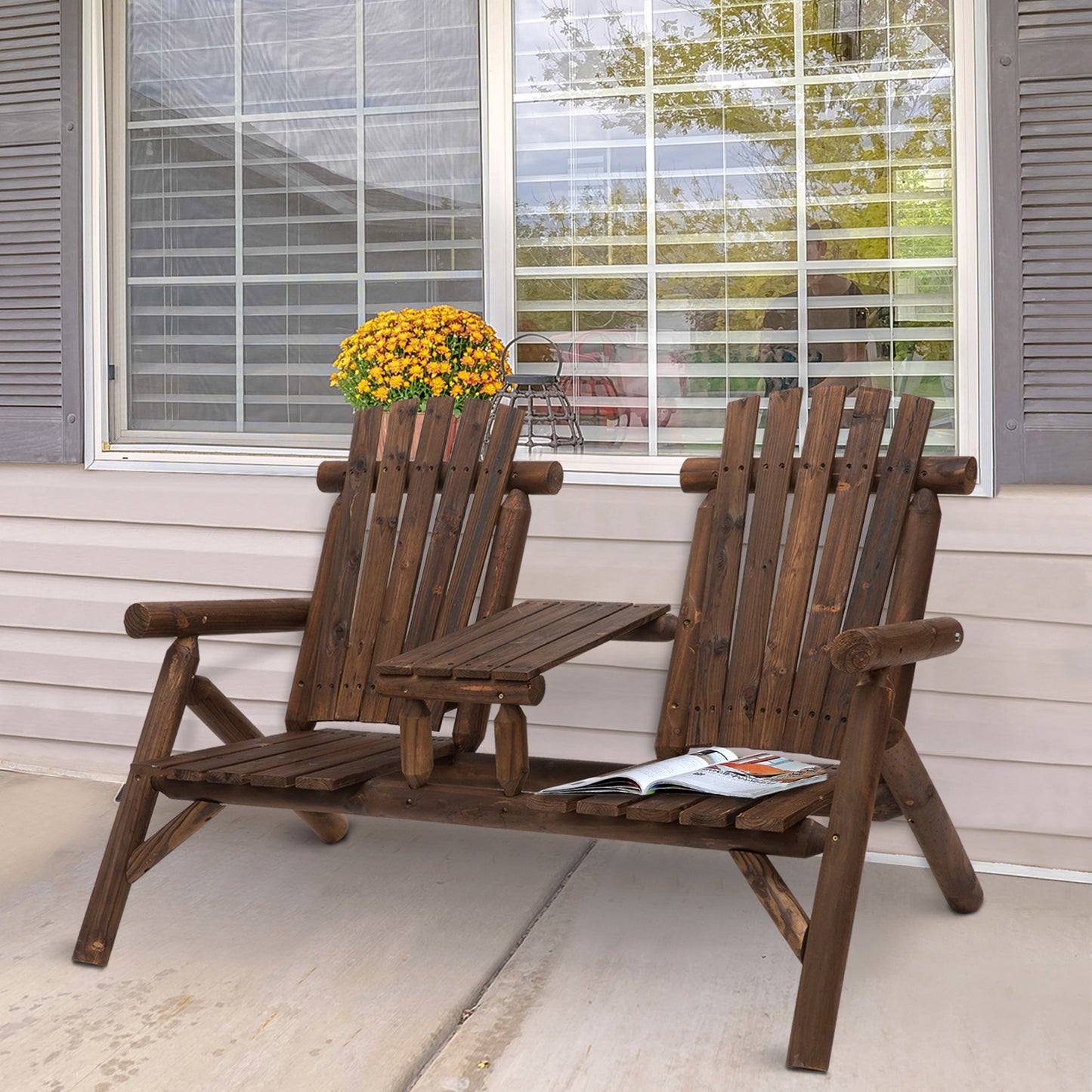 Solid Wood Patio Chair Bench 2 Seat Jack and Jill Seat w/ Center Coffee Table