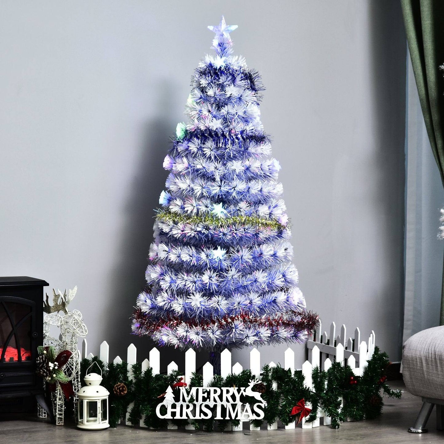 Homcom 6ft Artificial Fibre Optic Christmas Tree w/ 26 LED Lights Pre-Lit White Blue