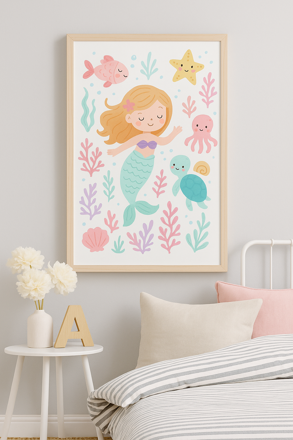 Mermaid & Ocean Friends Wall Art – Girls Room Print in Pastel Colours