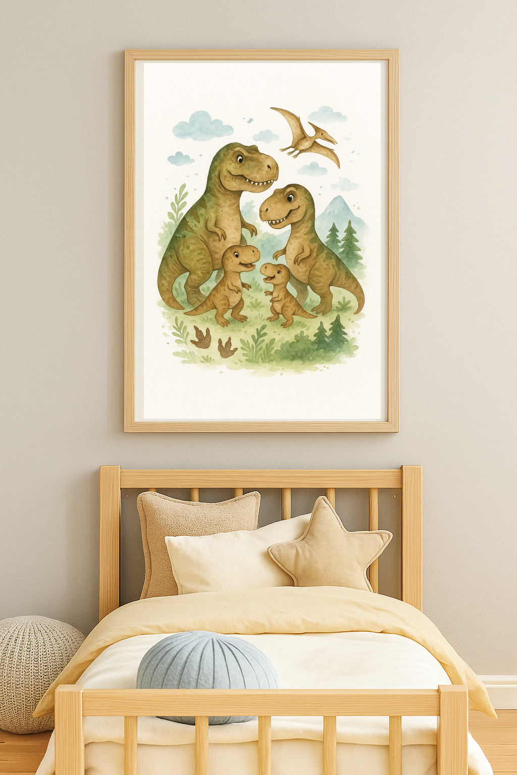 T-Rex Dinosaur Family Wall Art – Watercolour Nursery Print for Kids Room