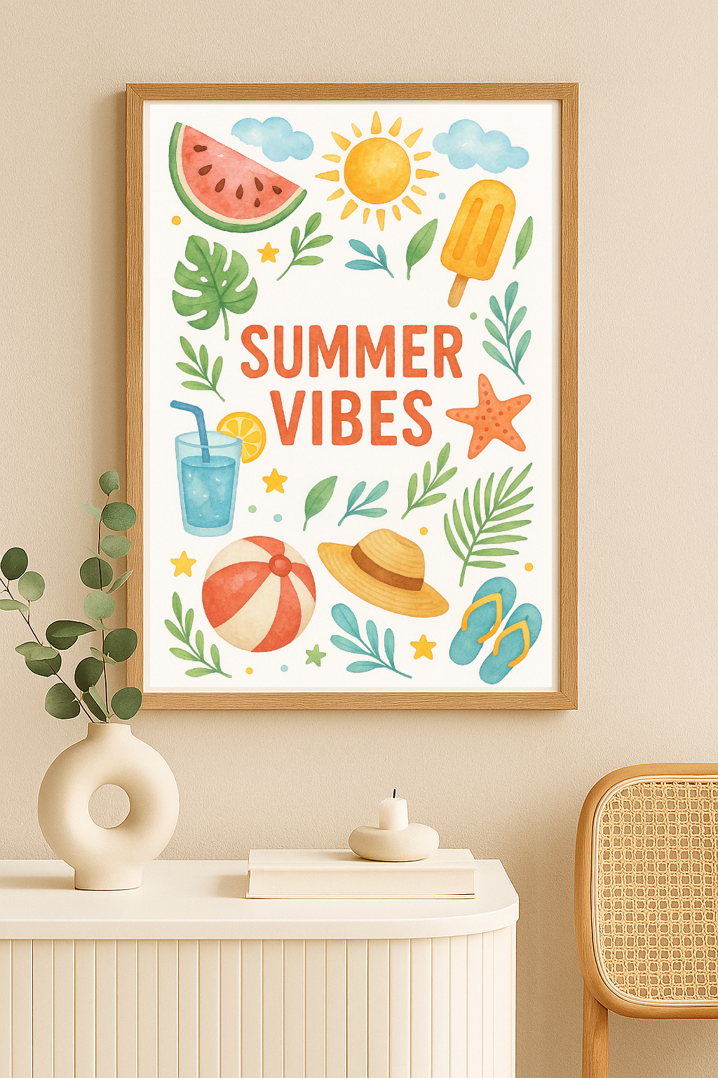 Summer Vibes Watercolour Print – Fun Seasonal Wall Art with Beach & Sunshine Illustrations