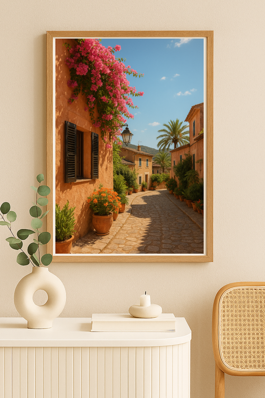Mediterranean Street Wall Art – Rustic Floral Alleyway Photography Print