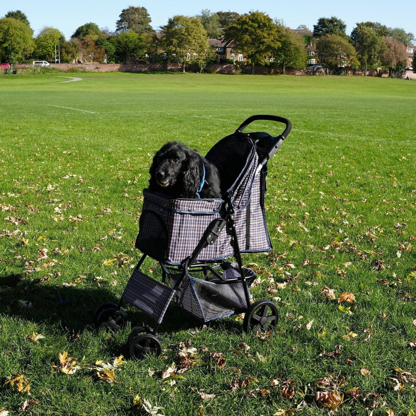 Pet Stroller with Rain Cover Blue Tartan