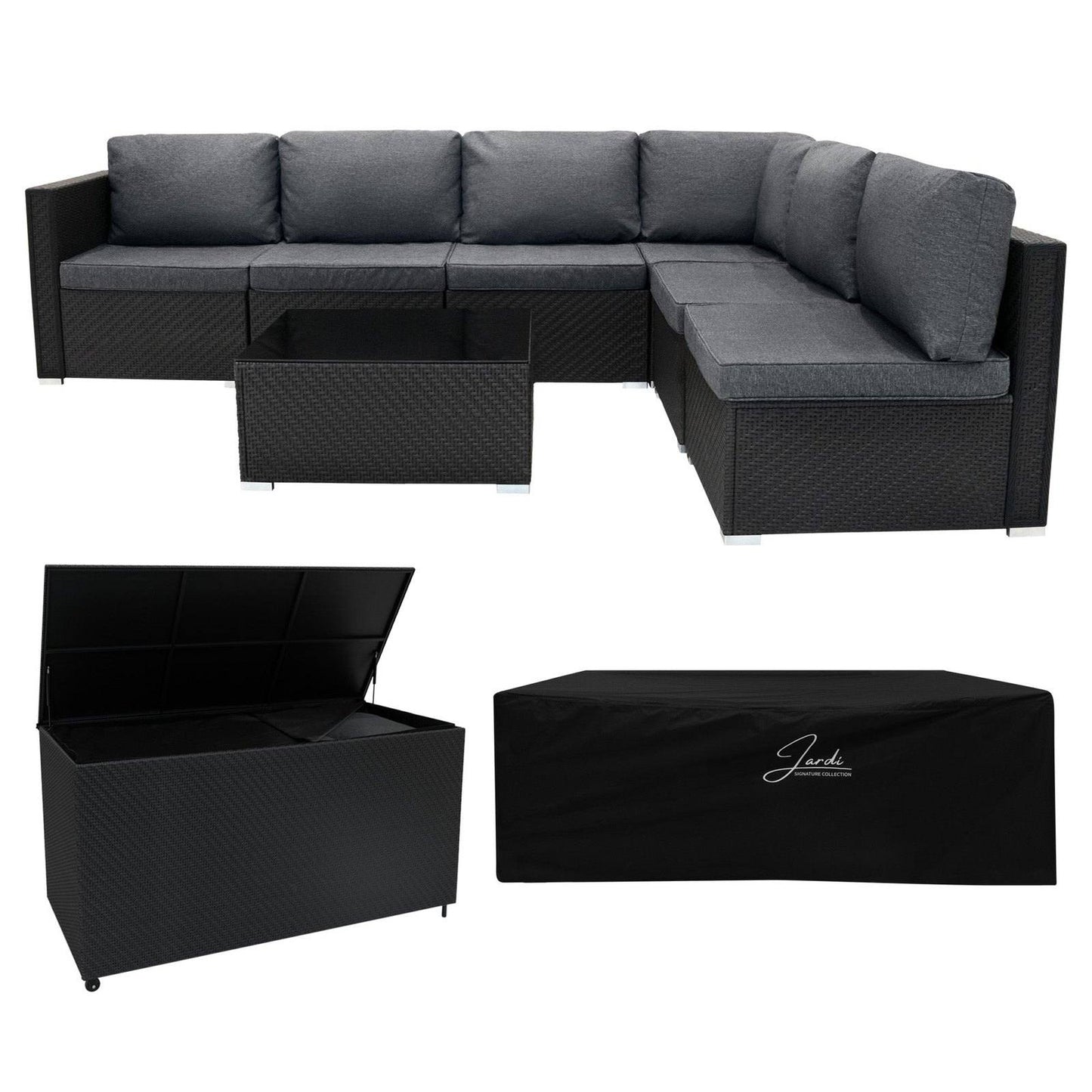 Rattan Modular 7 Piece Furniture Set & 996L Storage Box - Black
