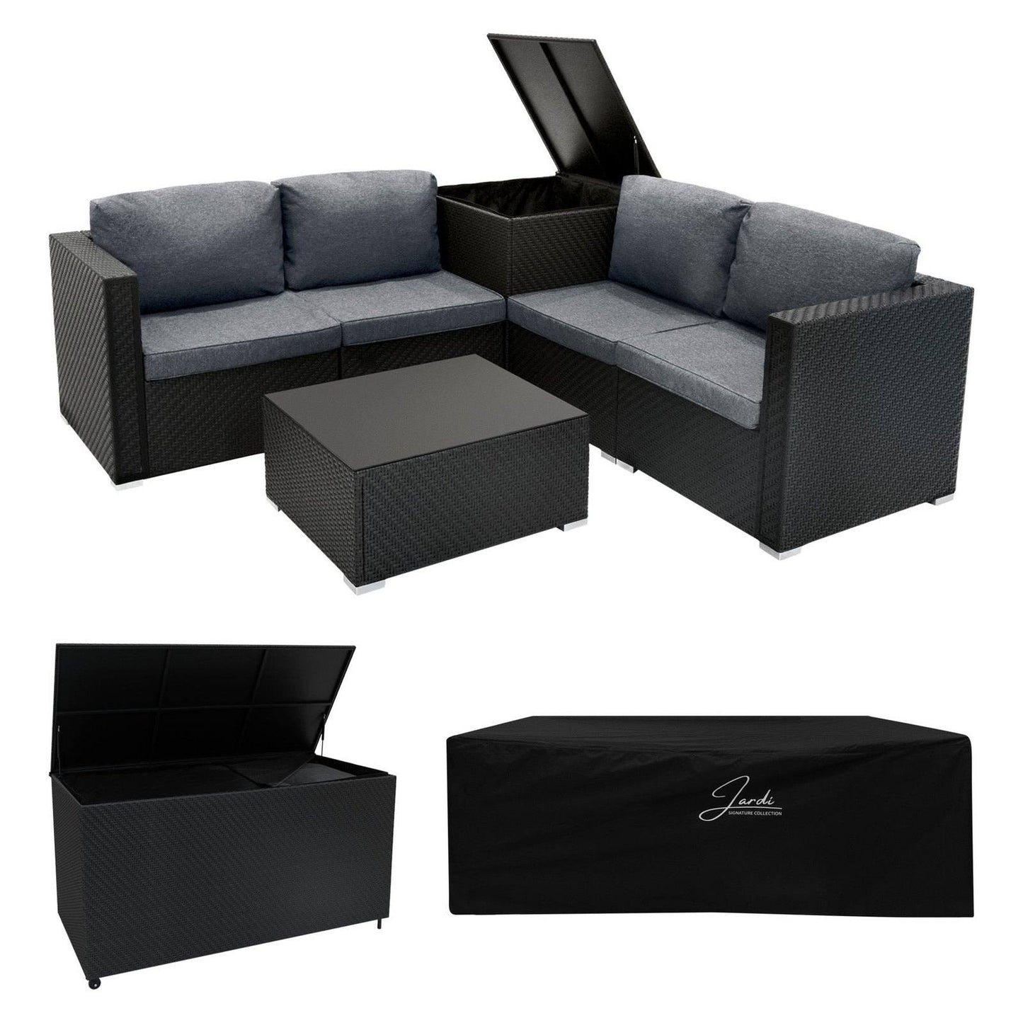 Rattan Modular 6 Piece Furniture Set & 700L Storage Box Black
