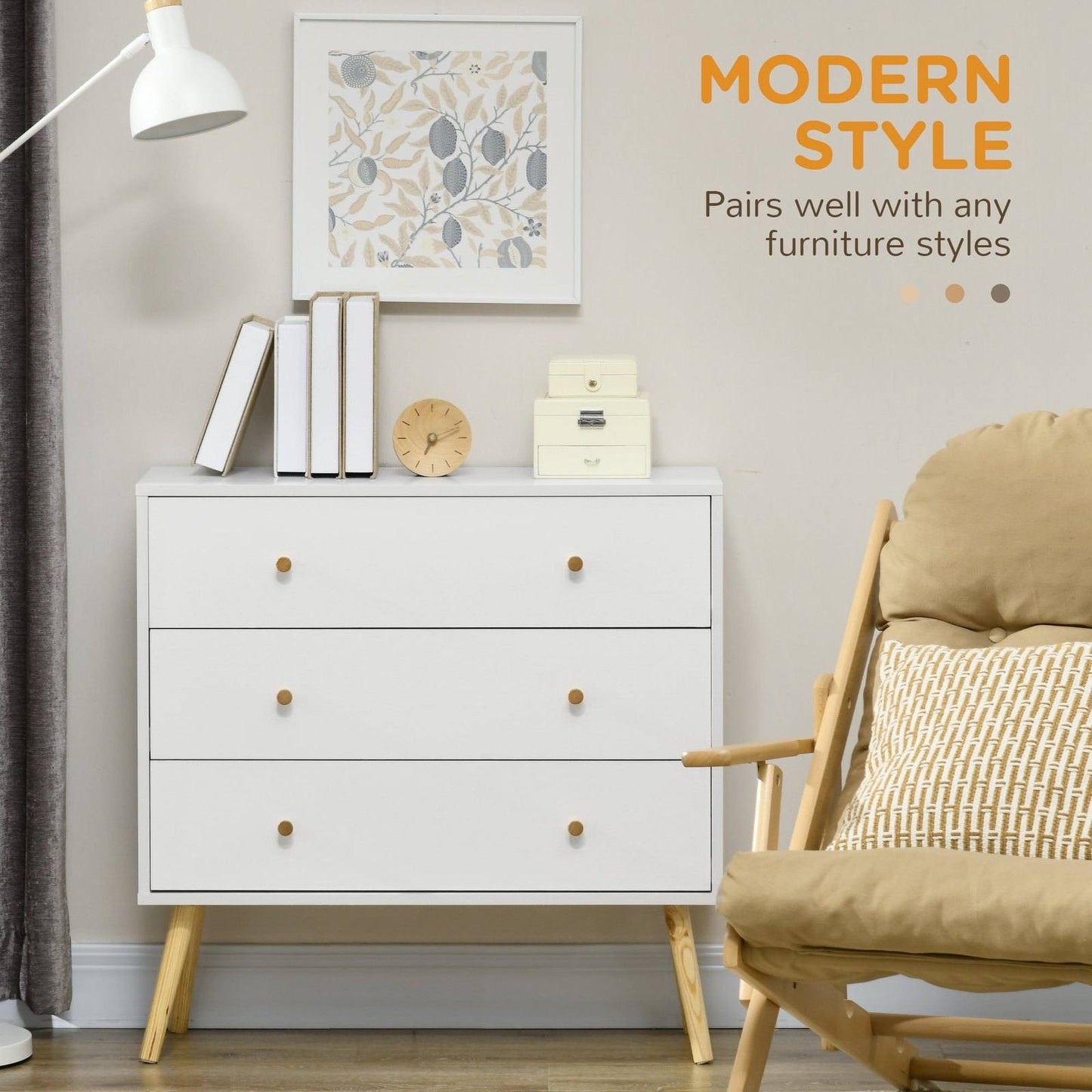 Chest Of Drawers 3-Drawer Storage Organiser Unit With Wood Legs For Bedroom Living Room White