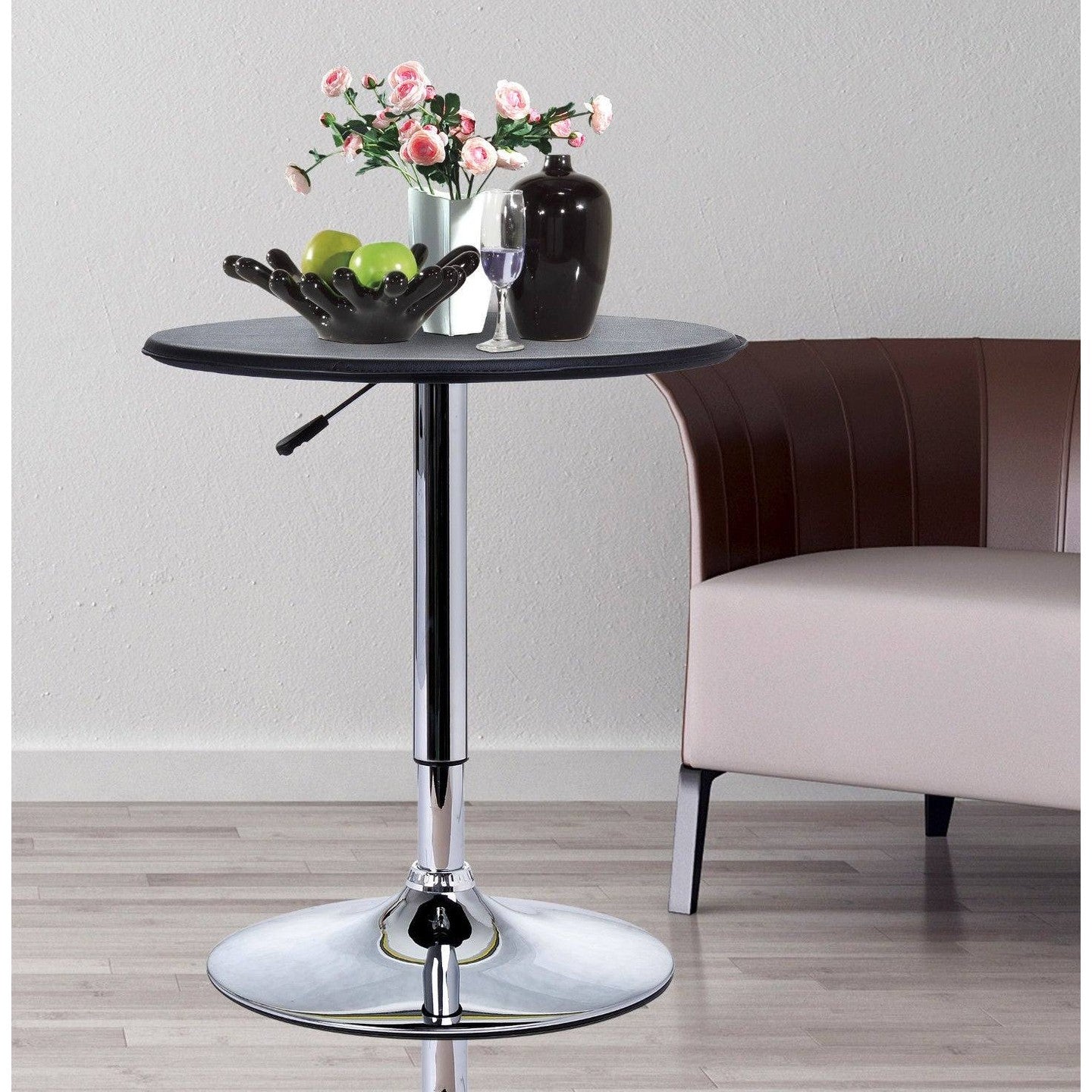 Adjustable Round Bistro Bar Table with PVC Leather Top Steel Base Home Kitchen Dining Desk Black