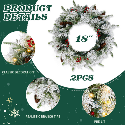 2 Pack 18in Pre-lit Snow Flocked Christmas Wreath, Lighted Artificial Xmas Wreath with 60 Warm Lights and 140 Tips and Red Berries Pine Cones, for Front Door Gate Wall Xmas Party Decorations