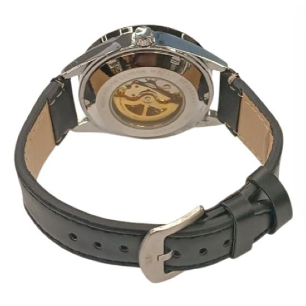 NY London Mens Automatic Dial Analogue Silver/Black Leather Strap Watch