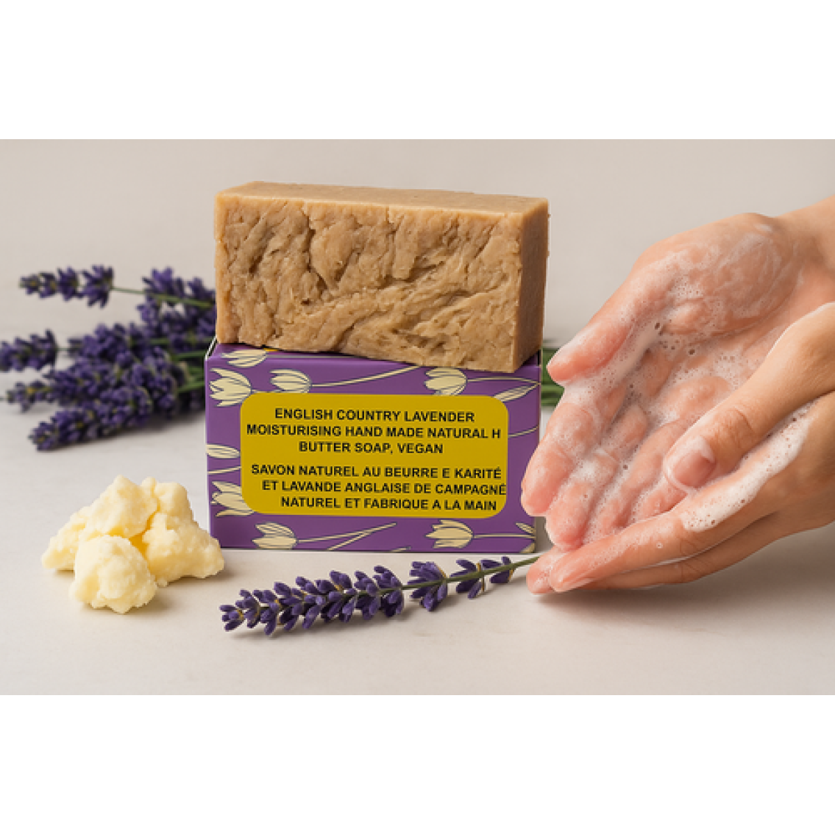 English Country Lavender Natural Handmade Soap with Organic Unrefined, Fair Trade Shea Butter, Coconut and Olive Oil (115-135g)