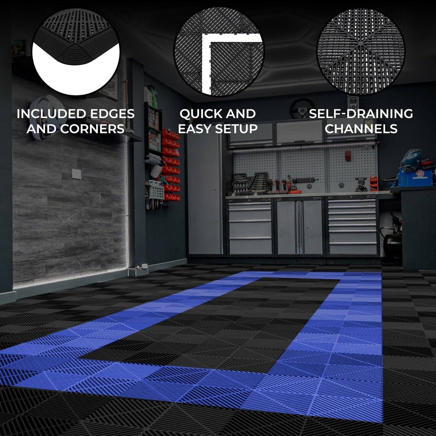 Vented Garage Floor Tiles With Edges 90 Black & 30 Blue