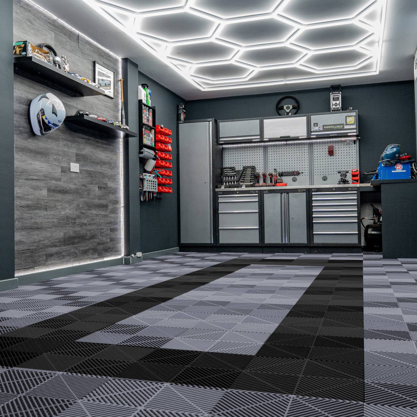 Vented Garage Floor Tiles With Edges 90 Grey & 30 Black