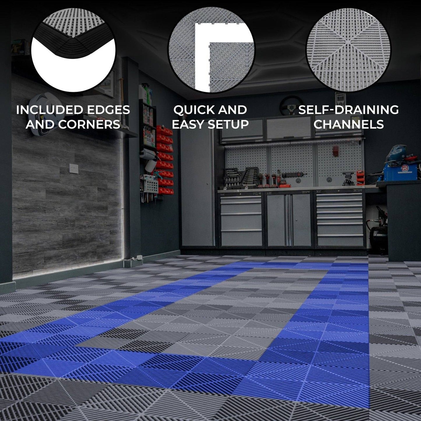 Vented Garage Floor Tiles With Edges 90 Grey & 30 Blue