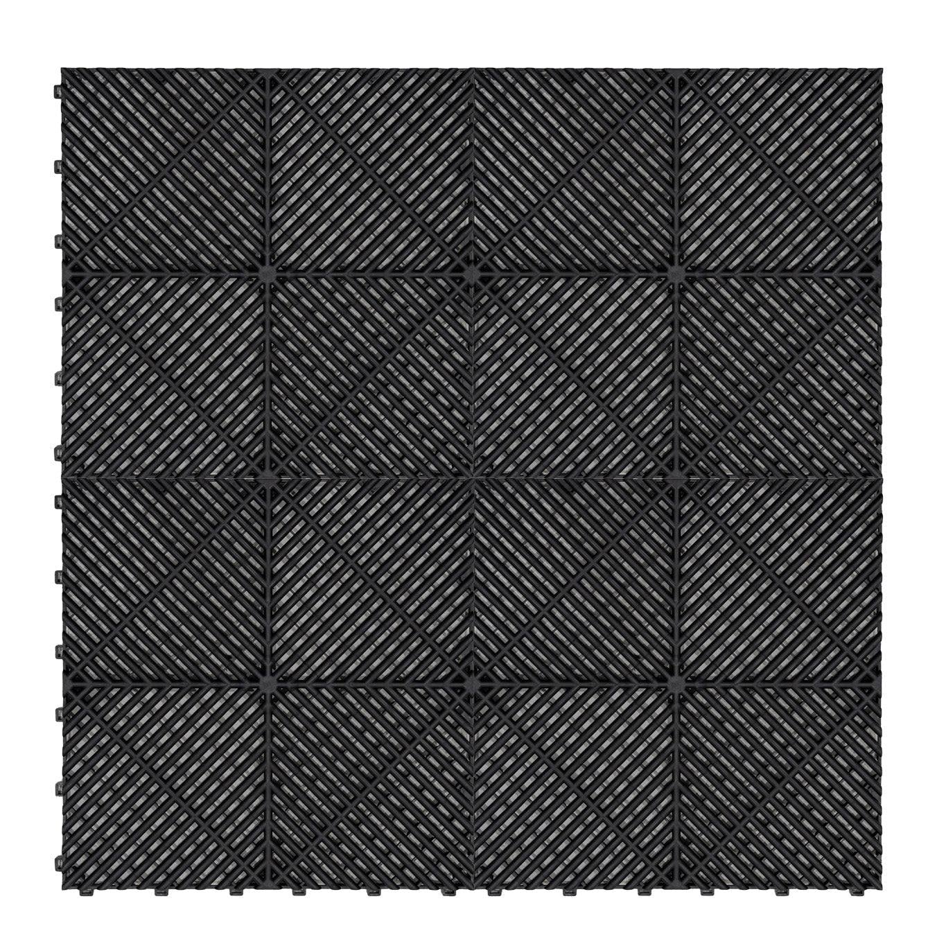 Hexagon LED Lights x 2 & Vented Garage Floor Tiles x 225 With Edges - Black