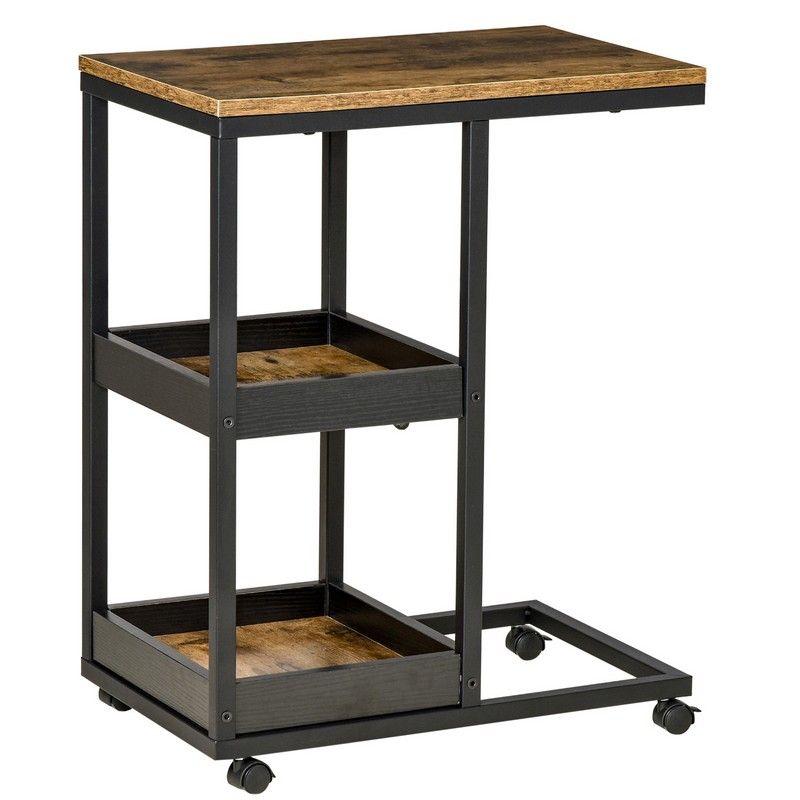 Industrial Mobile Sofa Side Table C Shaped Rolling Couch Table With 3 Tier Storage Shelving Four Lockable Wheels Steel Frame Brown
