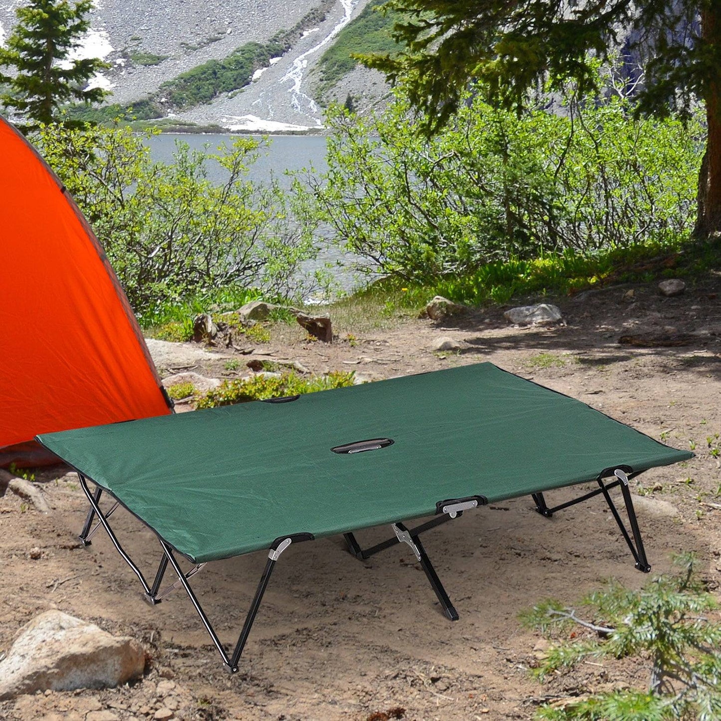 Outsunny Double Camping Bed Camping Cot Foldable Sunbed Outdoor Patio Sleeping Bed Super Light With Carry Bag (Green)