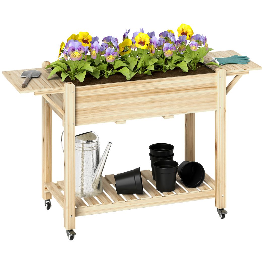 Outsunny Wooden Raised Planter with Lockable Wheels, Liner