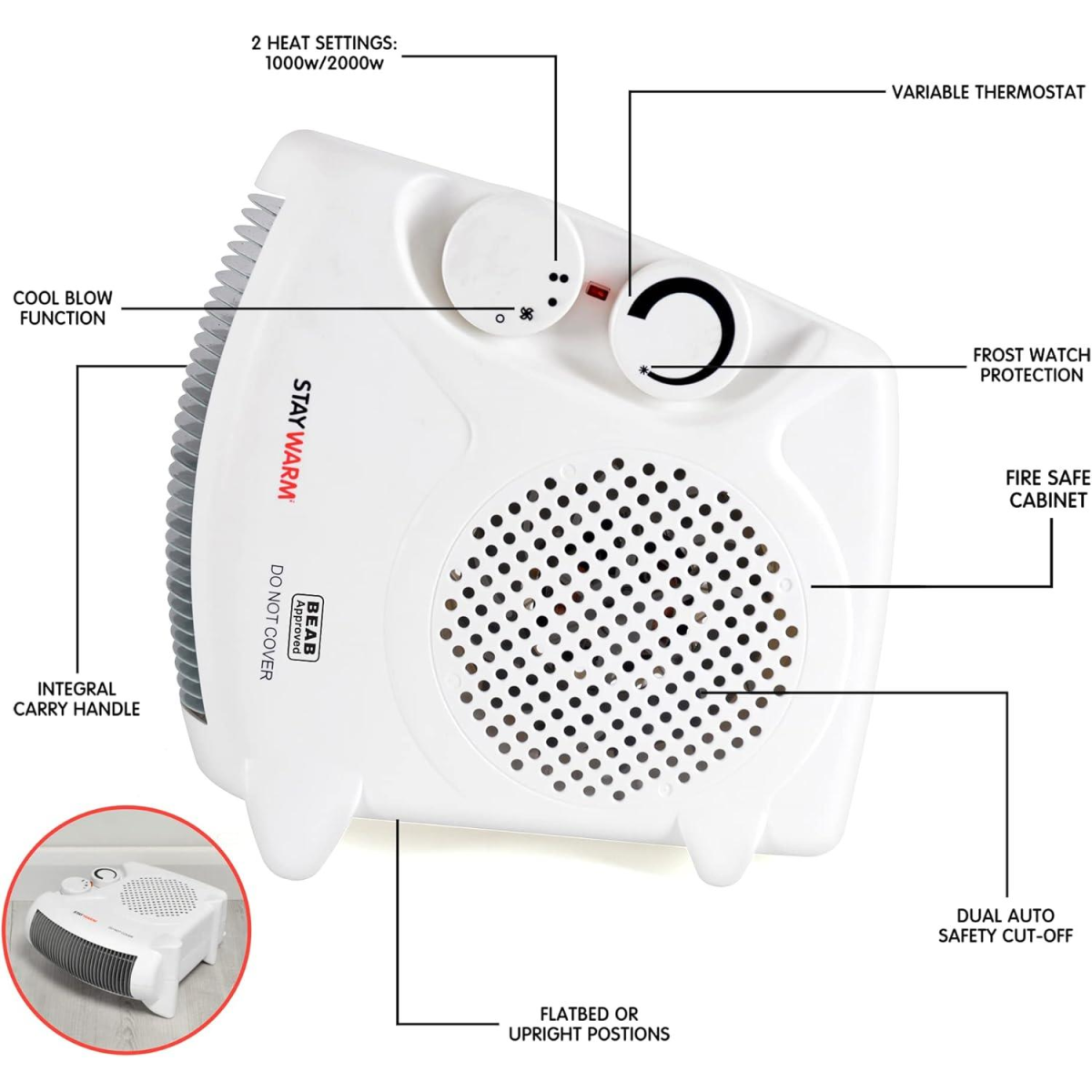 StayWarm 2000w Upright / Flatbed Fan Heater