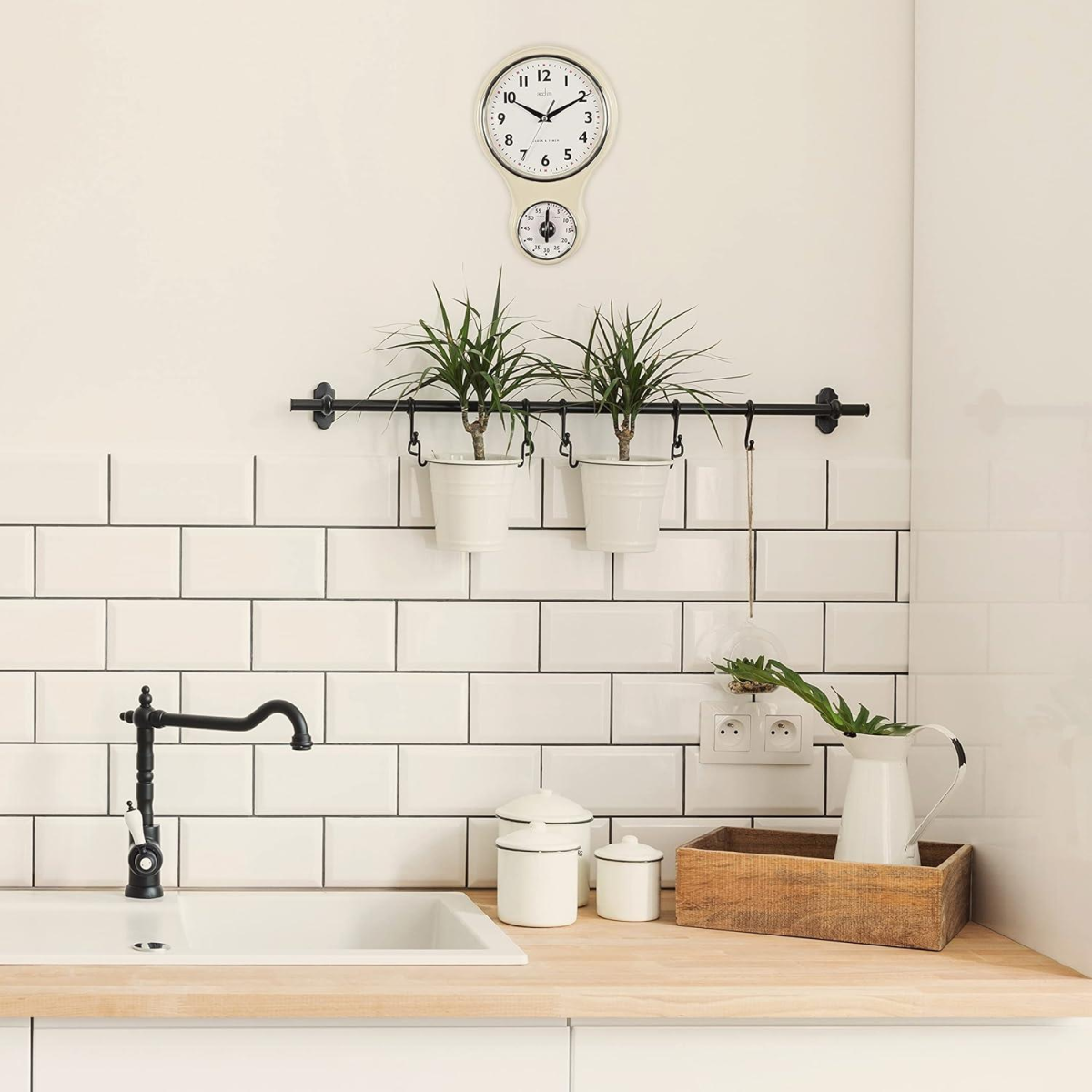 Acctim Kitchen Time 20cm Timer Quartz Retro Style Domed Glass Lens Cream Wall Clock 21592