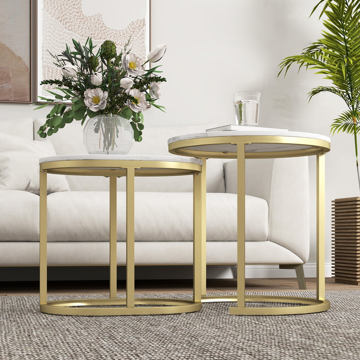 HOMCOM 2 Pcs Coffee Table with Faux Marble Side Accent Tables White
