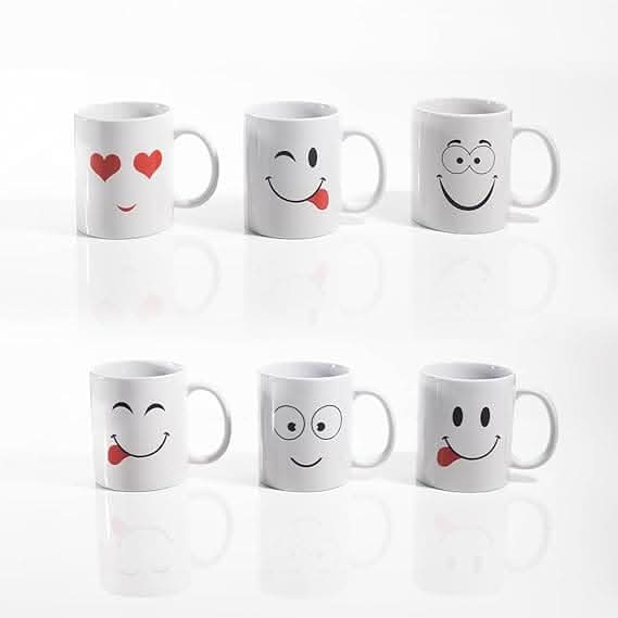 White Emoji Mugs - Dishwasher-Safe Porcelain Set of 6 Mugs - Hot Chocolate, Coffee & Tea Drinking Mugs