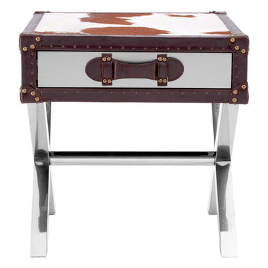 Brown and White Cowhide 1-Drawer Bedside Table with Leather Handle, Kensington Townhouse