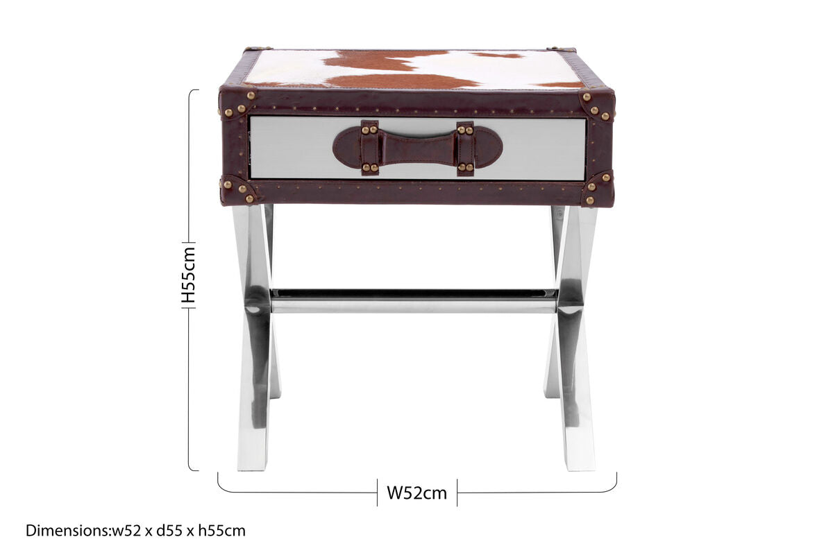 Brown and White Cowhide 1-Drawer Bedside Table with Leather Handle, Kensington Townhouse
