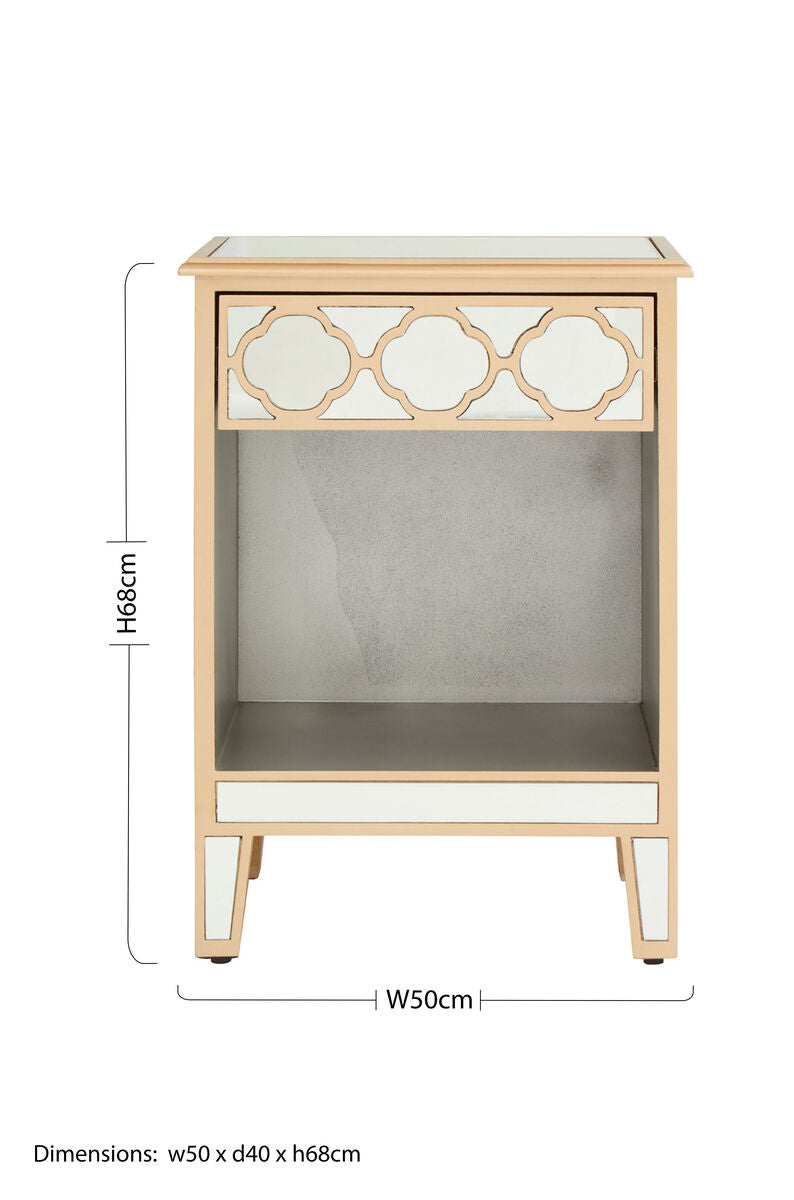 Warm Gold Mirrored Side Table with Storage Drawer and Open Shelf, Grazia