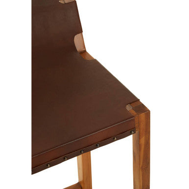 Kendari Brown Leather Bar Chair with Teak Wood Frame