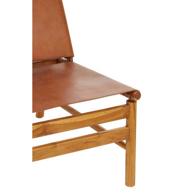 Kendari Brown Leather and Teak Modern Sling Chair