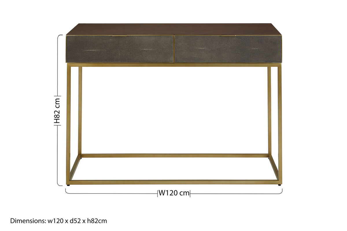 Dark Brown Shagreen Top Console Table with Two Storage Drawers and Gold Finish Iron Frame, Kempton