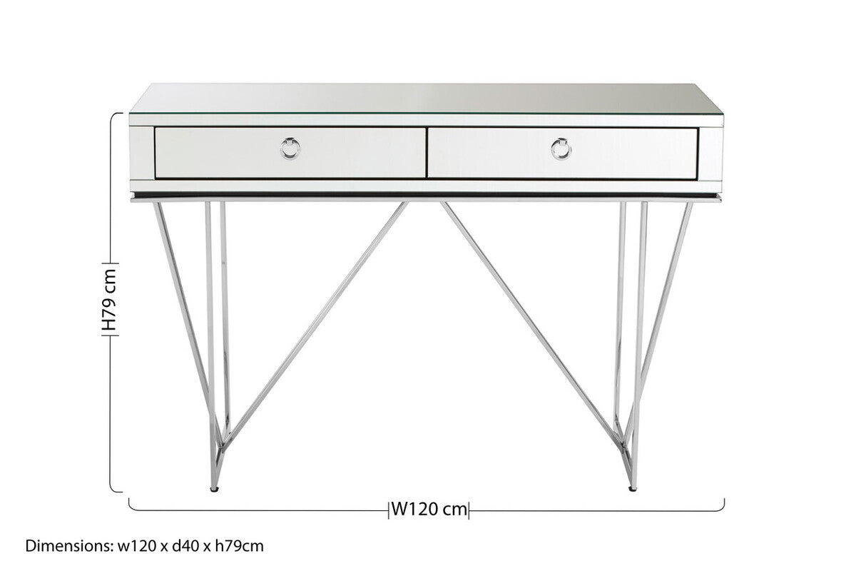 Silver Finish Mirrored Console Table with Ring Handles and Two Storage Drawers, Rovo