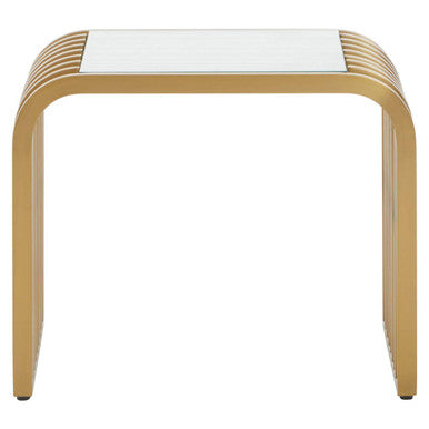 Matte Gold Slatted End Table with Clear Glass Top and Storage Shelf, Vogue