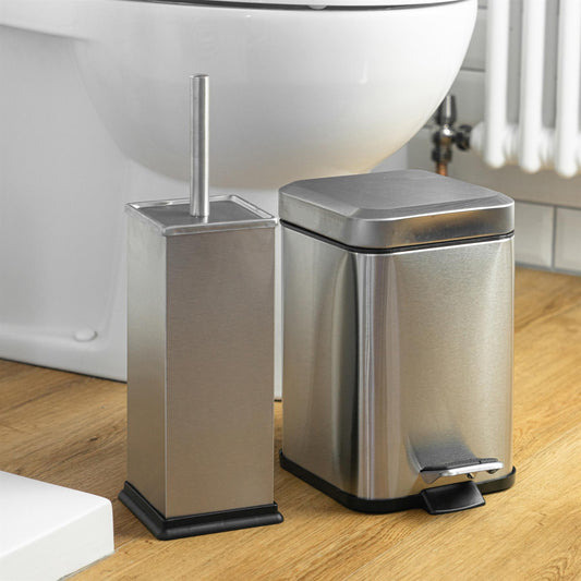Brushed Steel Square Toilet Brush & Bin Set