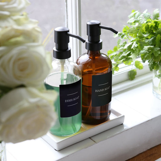2pc 500ml Glass Soap Dispenser with Black Labels & Ceramic Tray