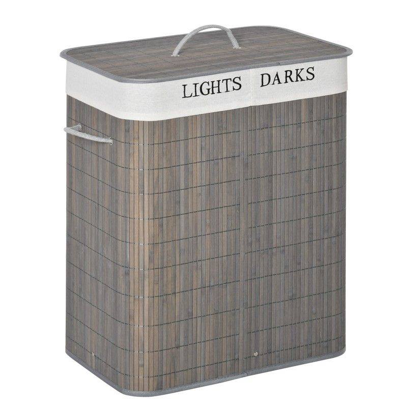 100L Two-Compartment Wooden Laundry Basket With Flip Lid And Handles ? Grey