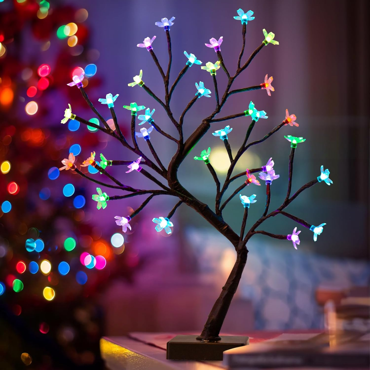 Cherry Blossom Tree Lamp Flower, 36 Led Colour Changing, Brown Twig Tree Christmas Decorations Indoor Home Bedroom Tabletop Decoration