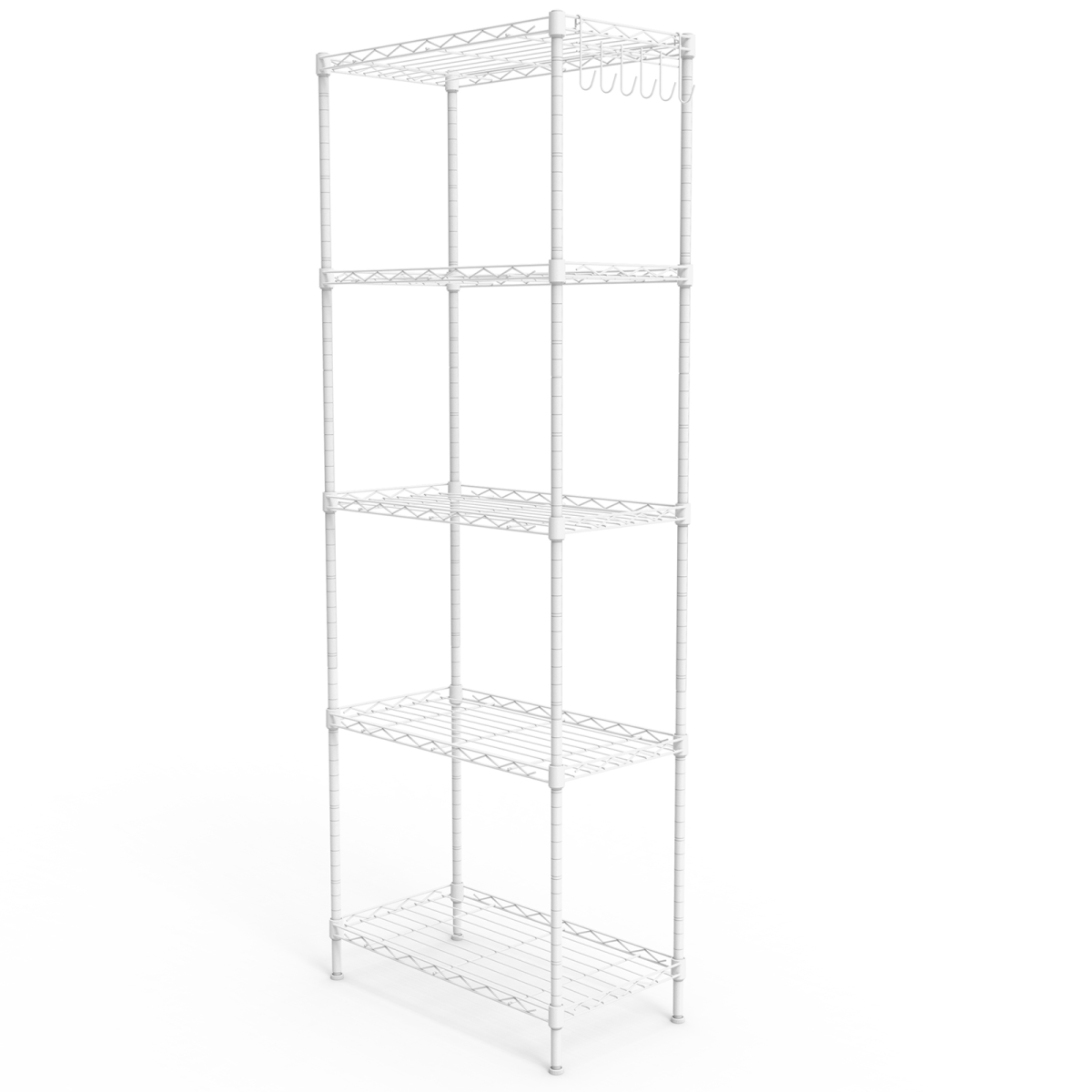 5-layer display rack with adjustable layer spacing, plug-in deformable structure, adjustable feet, made of iron, 54*29*150cm, powder-coated matte white